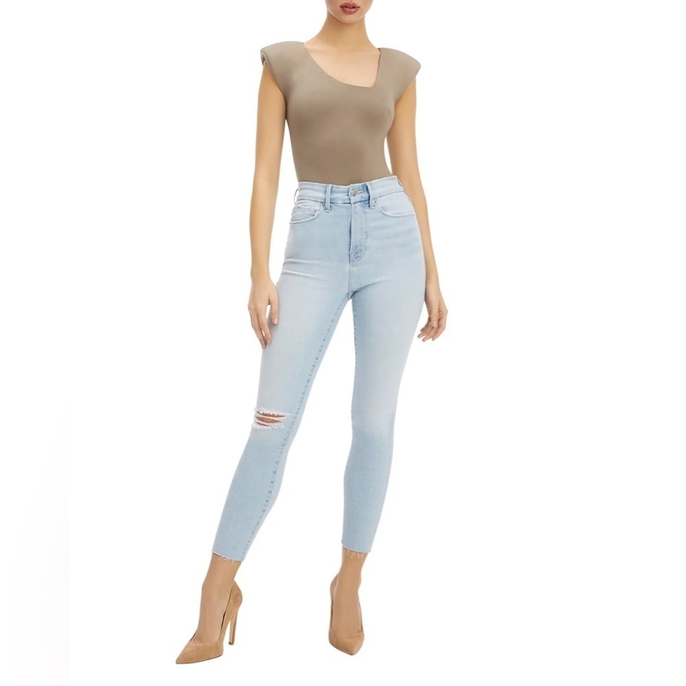 Good American Good Waist Skinny Cropped Raw Hem Jeans In Blue679 Size 28
